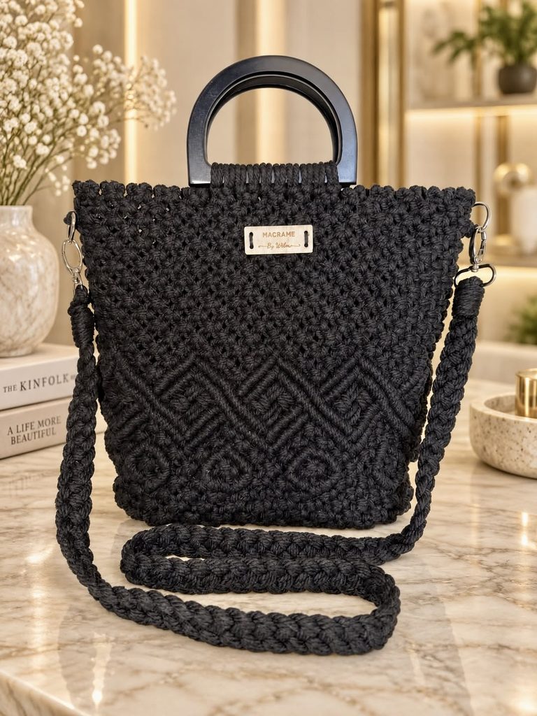 Handmade Black Design Macrame Bags by Wilma Price